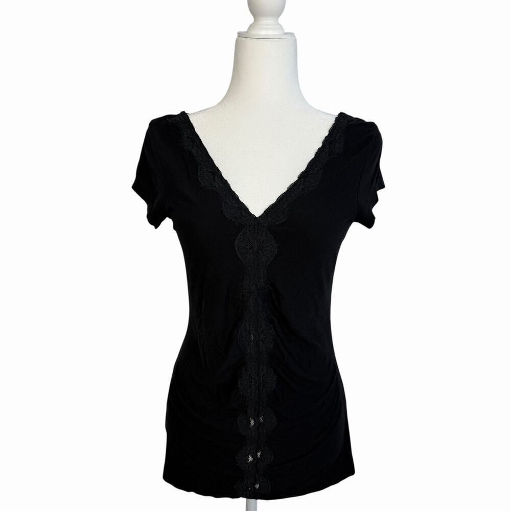 Bogari Womens Y2K Longline V-Neck T-Shirt Silk Blend Ruched Black M Bella Elena